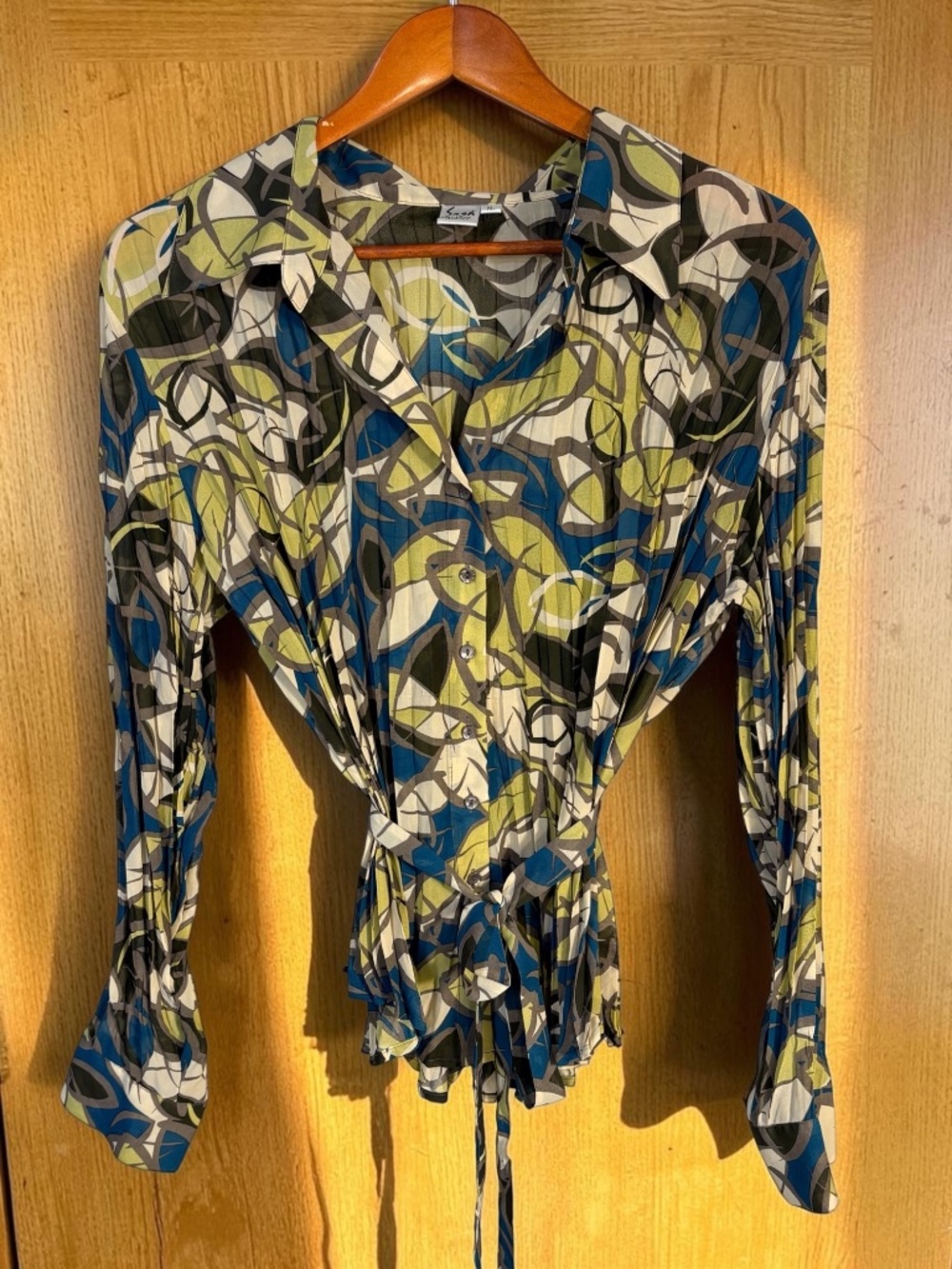 Sash Vintage Pleated Button Down Blouse Blue Green Abstract Pattern Belted XL